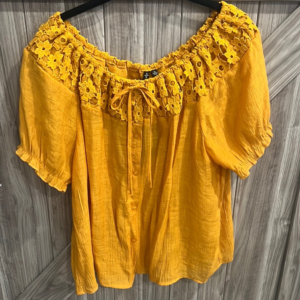 NWT Ashley Blue Mustard Button Down Top - XL